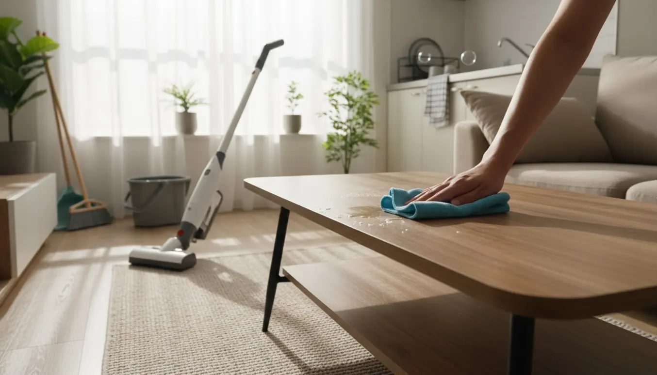 Hænder tørrer et sofabord i en lys toværelses lejlighed under let rengøring.