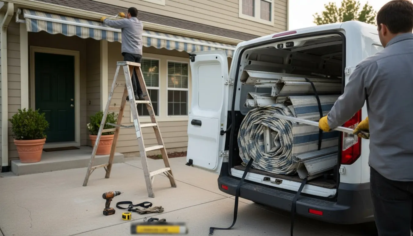 Gammel markise afmonteres og lægges i varevogn klar til storskrald.