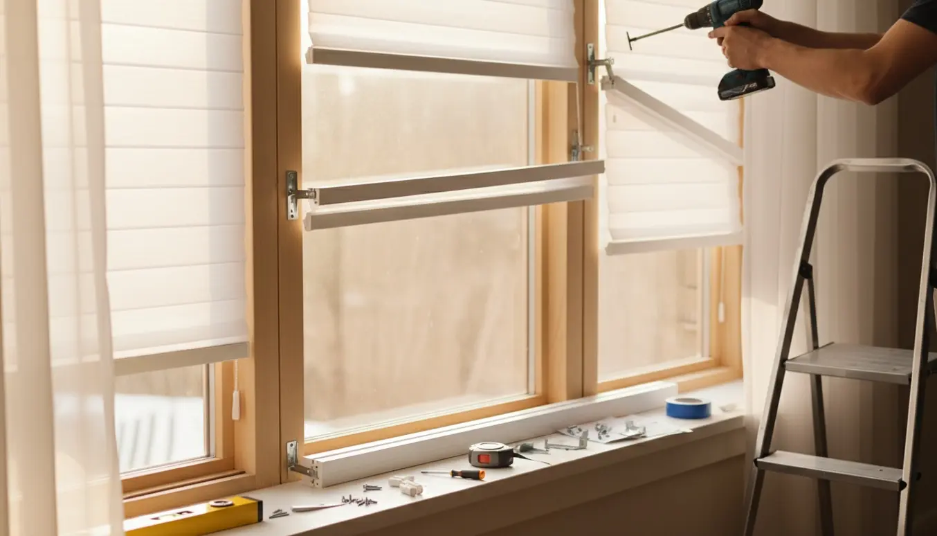 Hænder monterer persienner ved et vindue med beslag, boremaskine og værktøj på vindueskarmen.