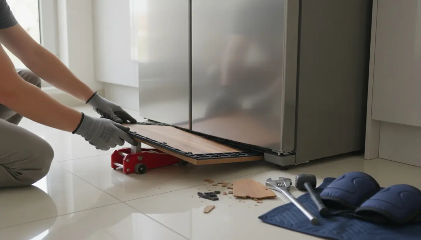 Hænder løfter et køleskab let, mens en ny plade skubbes ind under i et lyst køkken.