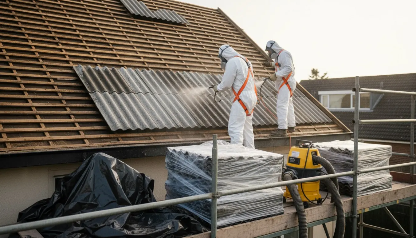 Håndværkere i beskyttelsesdragter fjerner skifereternitplader fra et tag og pakker dem ind til sikker bortskaffelse.