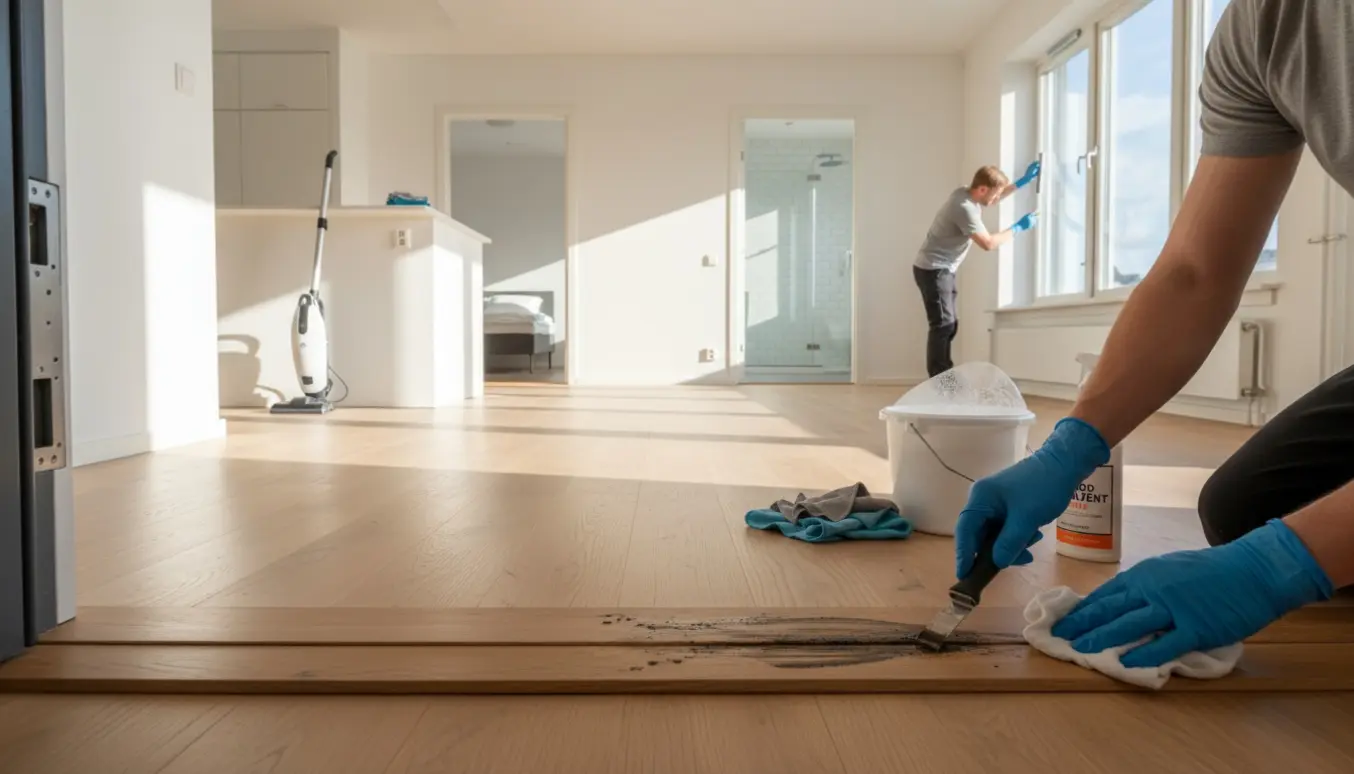 Hænder renser tjærepletter ved hoveddøren, mens vinduer pudses i en lys, ryddelig lejlighed.