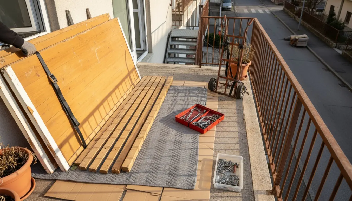 Afmonteret køjeseng på en 1. sals terrasse klar til storskrald med flyttekærre og stropper.