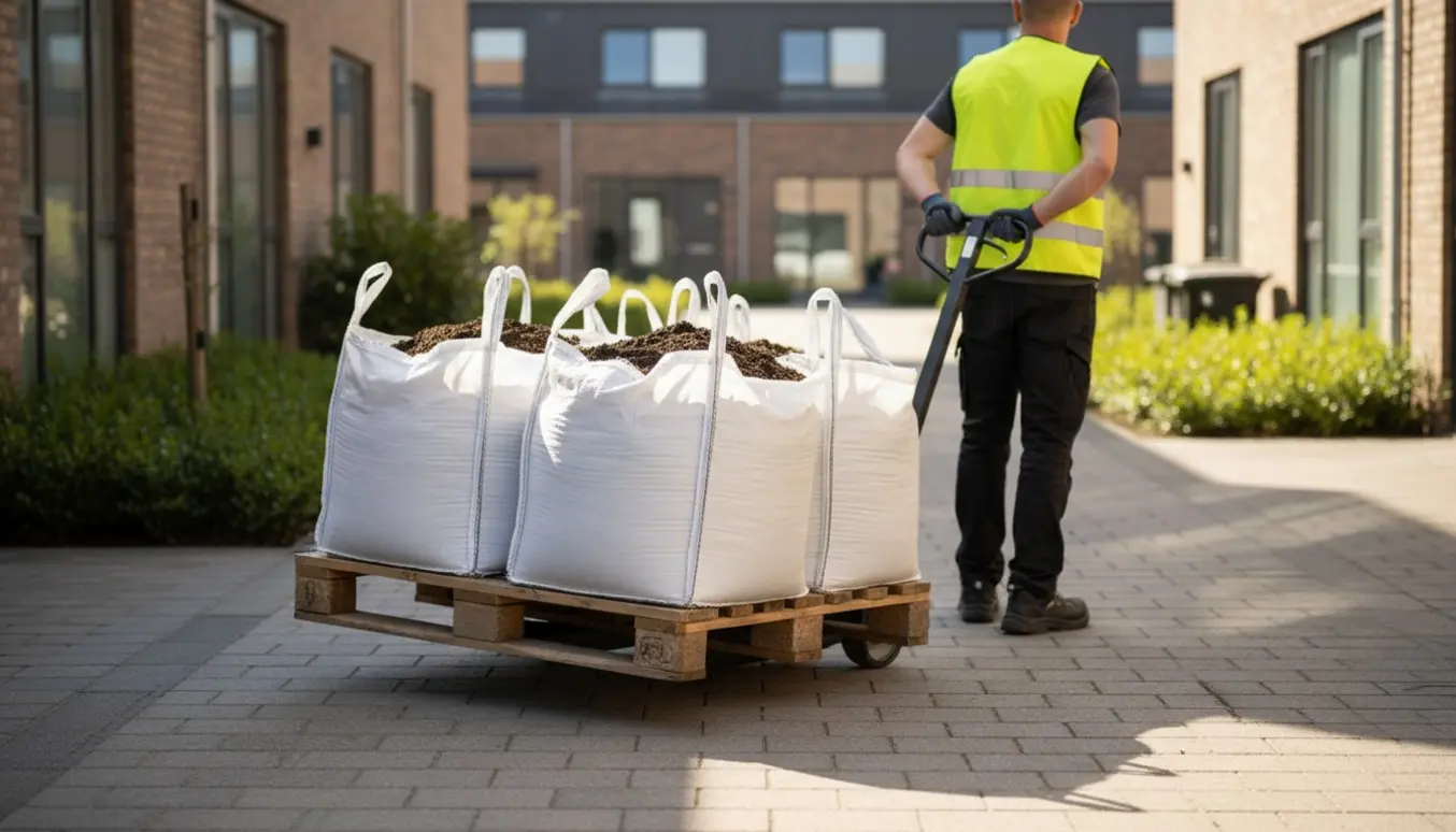 To bigbags med jord på en palle trækkes med en palleløfter langs en solbelyst gårdsplads.