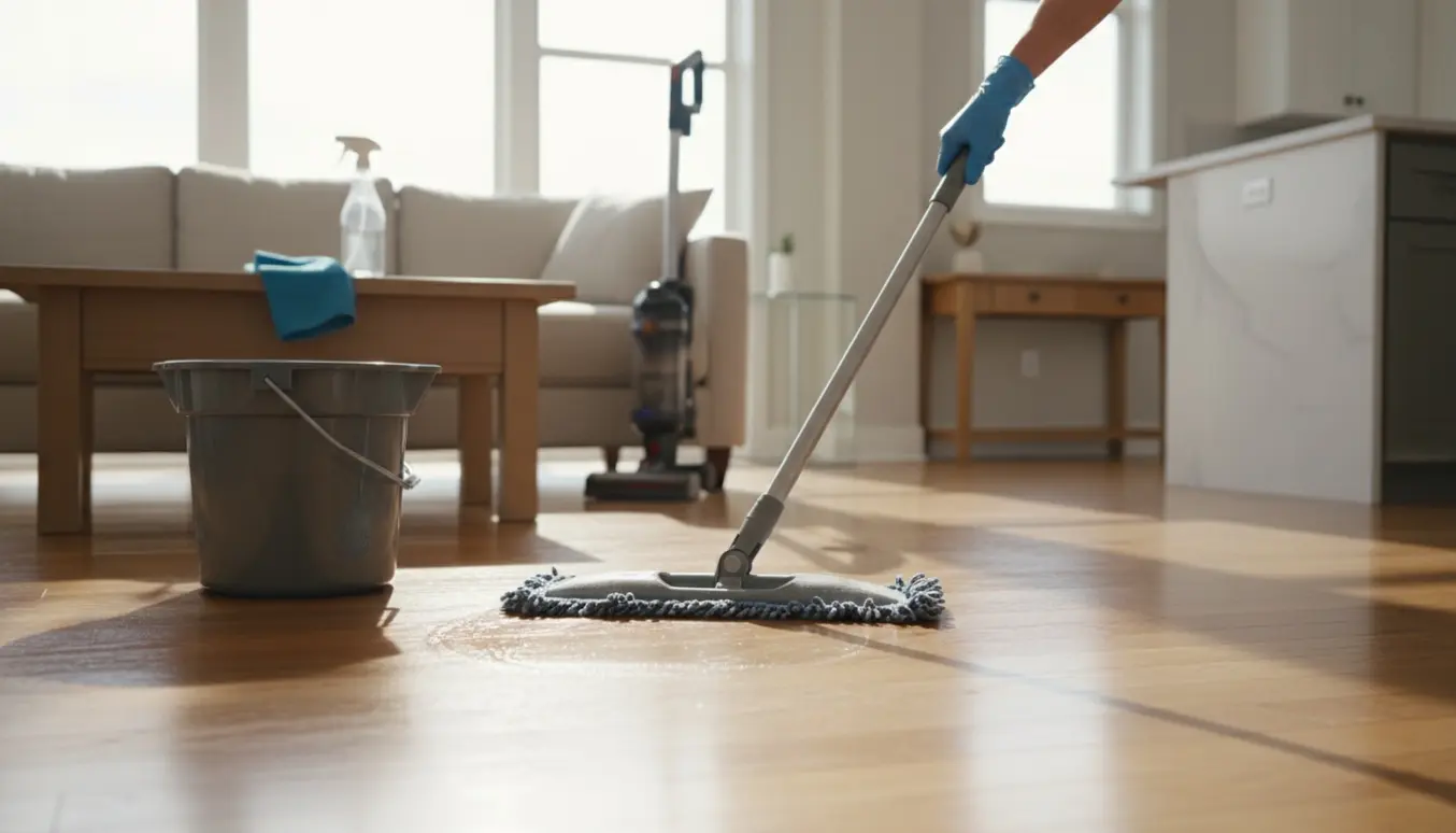 Nærbillede af rengøring i en lys, moderne stue med gulvvask, spand, mikrofiberklud og støvsuger i baggrunden.