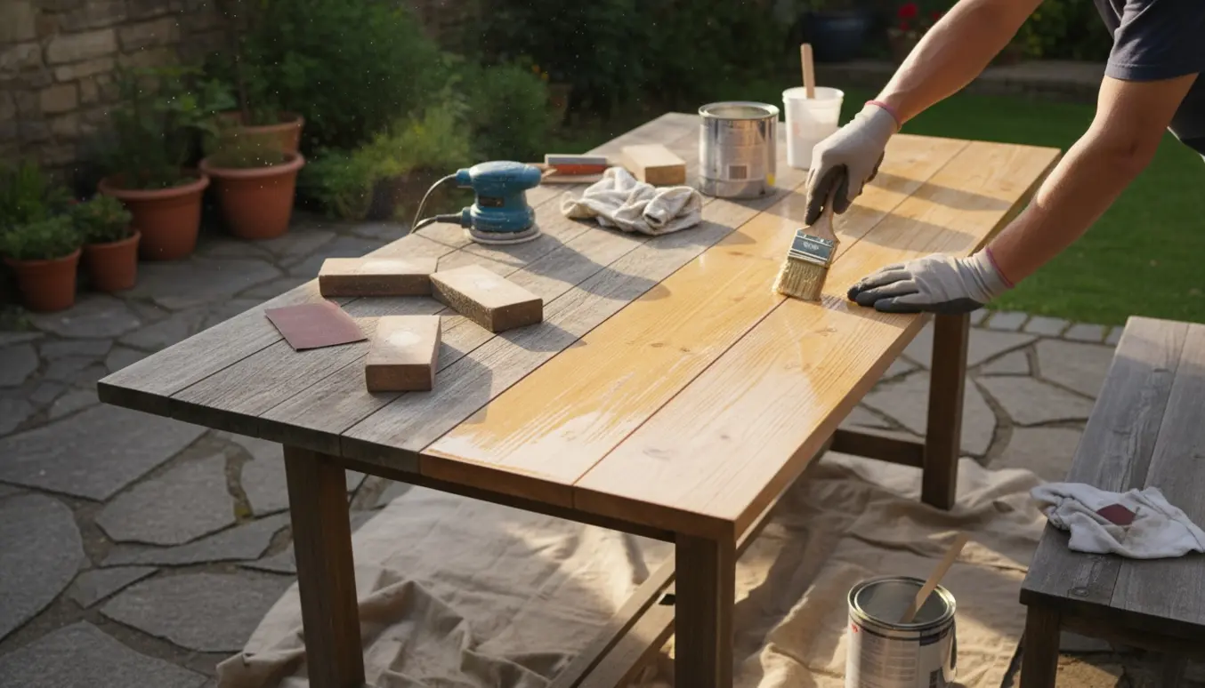 Nærbillede af nyslebet træhavebord og stole, hvor hænder lakkerer med klar skibslak på en solrig terrasse.