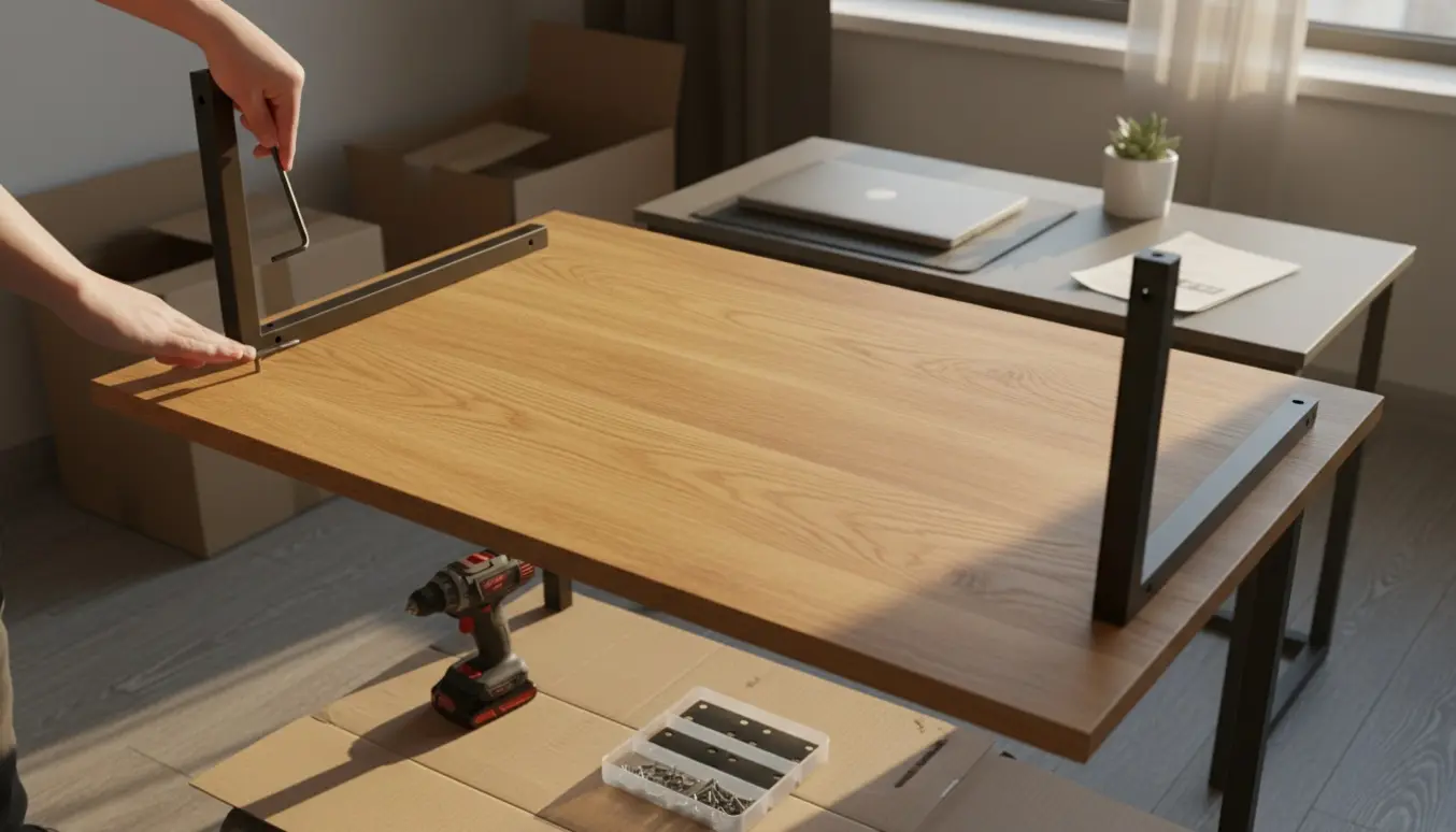 Egetræs skrivebord med sorte metalben under samling i et studieværelse, omgivet af værktøj og emballage.