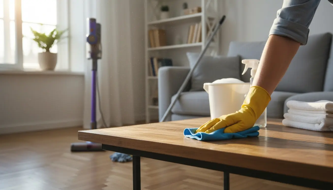 Gummihandsker tørrer en træbordplade i en solbeskinnet lejlighed med rengøringsredskaber i baggrunden.