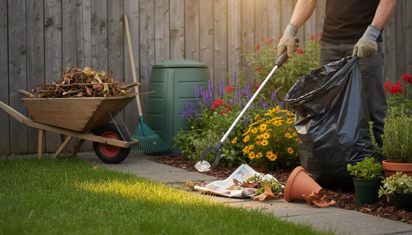 En person samler haveaffald op med handsker og en plukker i solbeskinnet baghave.