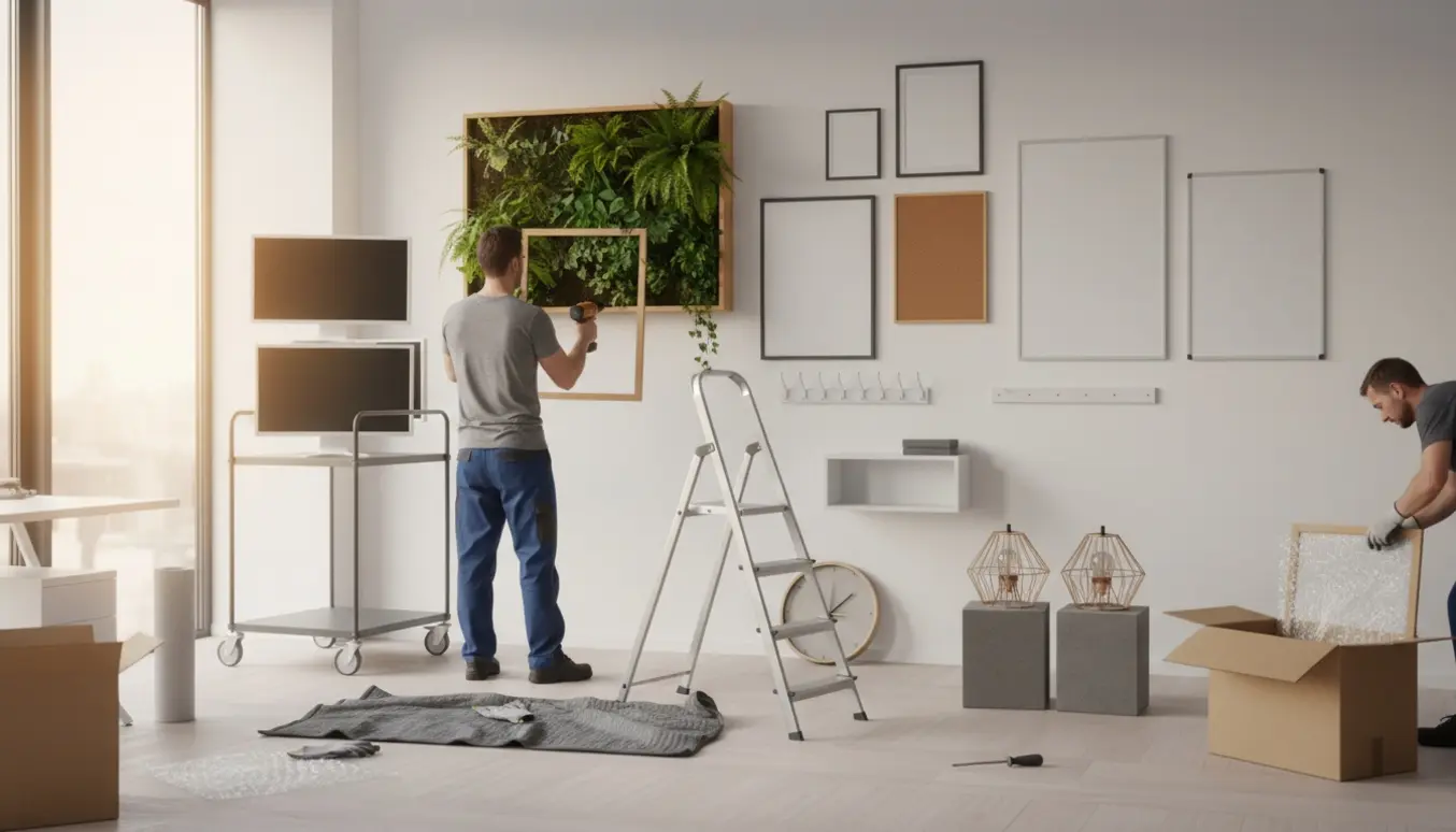 Moderne kontor under nedtagning af vægophæng med skærme, billedrammer, whiteboards og værktøj på gulvet.