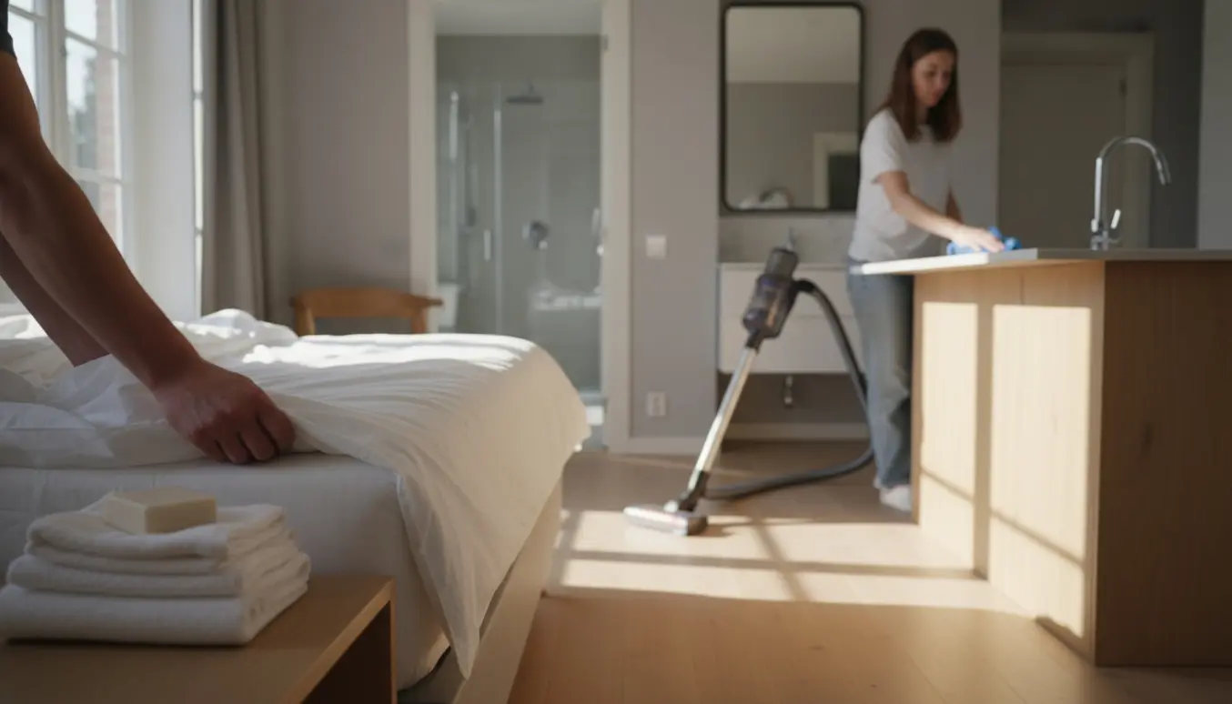Rengøring mellem Airbnb-gæster med frisk sengetøj, foldede håndklæder og støvsugning i en lys lejlighed.