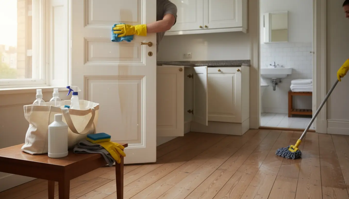 Rengøringsscene i ældre lejlighed med mop, klude og handsker, hvor gulve og paneler bliver vasket.