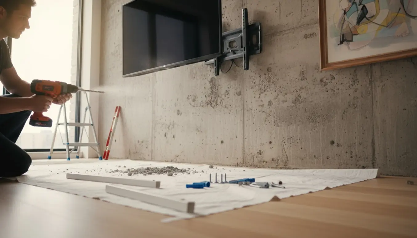 Hænder monterer et fladt TV og hænger et maleri op på en betongvæg med en borehammer.