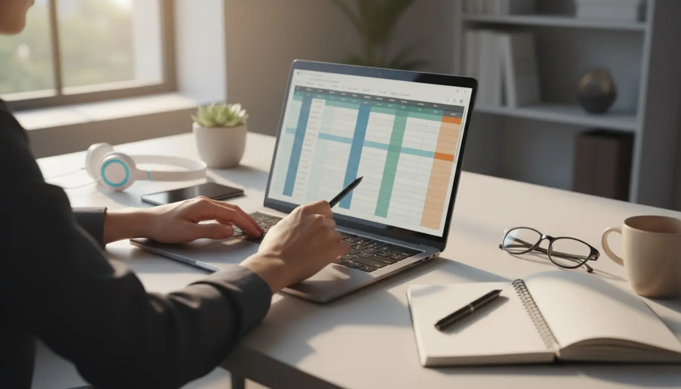 Bærbar computer på et skrivebord med hænder, headset og notesbog, der illustrerer online Excel-hjælp.