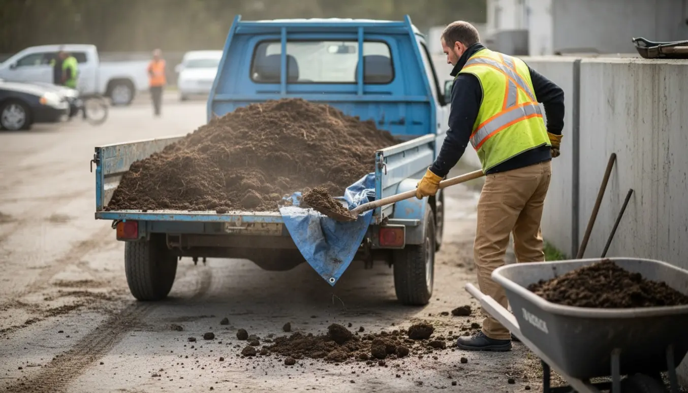 Traileren med havejord aflaster ved en affaldsstation, set bagfra med en person, skovl og jord.