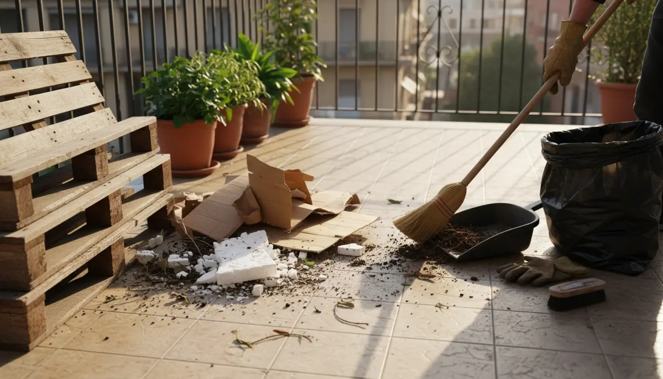 Hænder i handsker rydder og fejer en altan med paller, pap og flamingo klar til bortskaffelse.