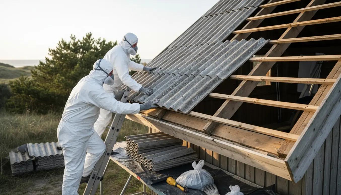 To personer i beskyttelsesdragter fjerner eternitplader fra et sommerhustag ved kysten med stakke af plader og udstyr på jorden.