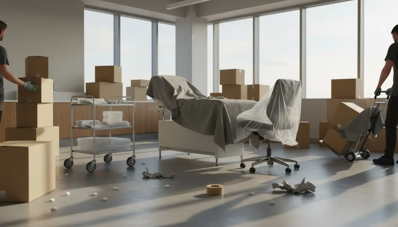 Flytning af kontor- og klinikinventar med kasser, rullevogn og dækket undersøgelsesbriks i et lyst lokale.