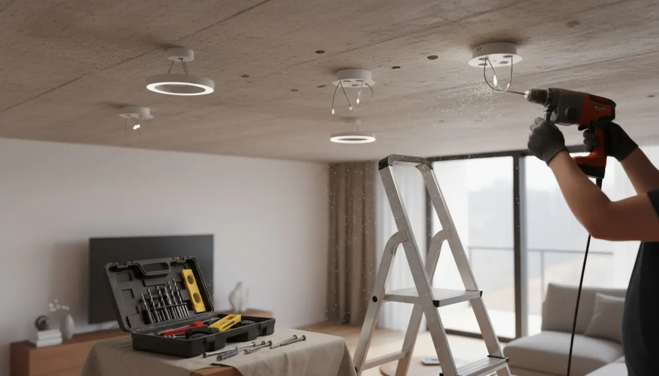 En handyman monterer fire lamper i et råt betonloft med boremaskine, dyvler og en trappestige.