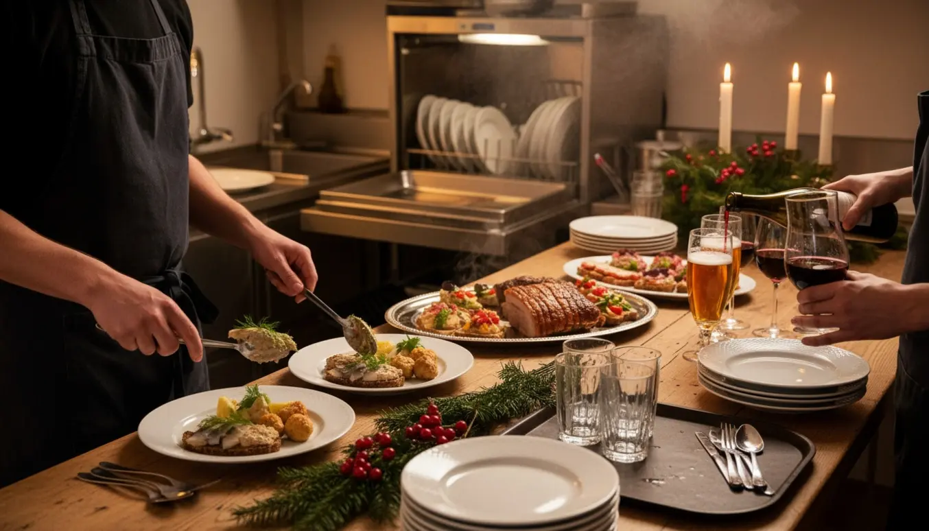 To tjenere i forklæder anretter julefrokostmad ved et bord, mens drikkevarer fyldes op og industrivaskemaskine står i baggrunden.