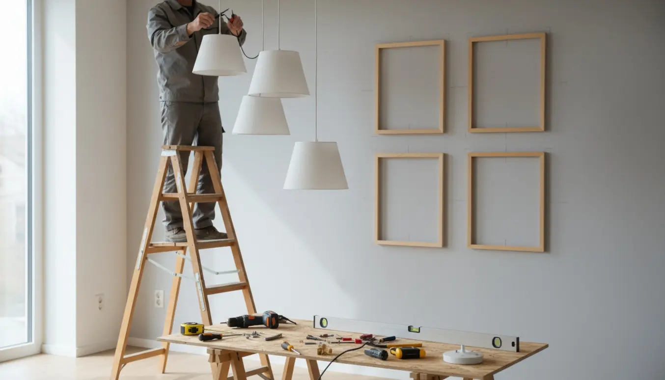 Person på en stige monterer en lampe og fire billedrammer på en væg med værktøj på gulvet.