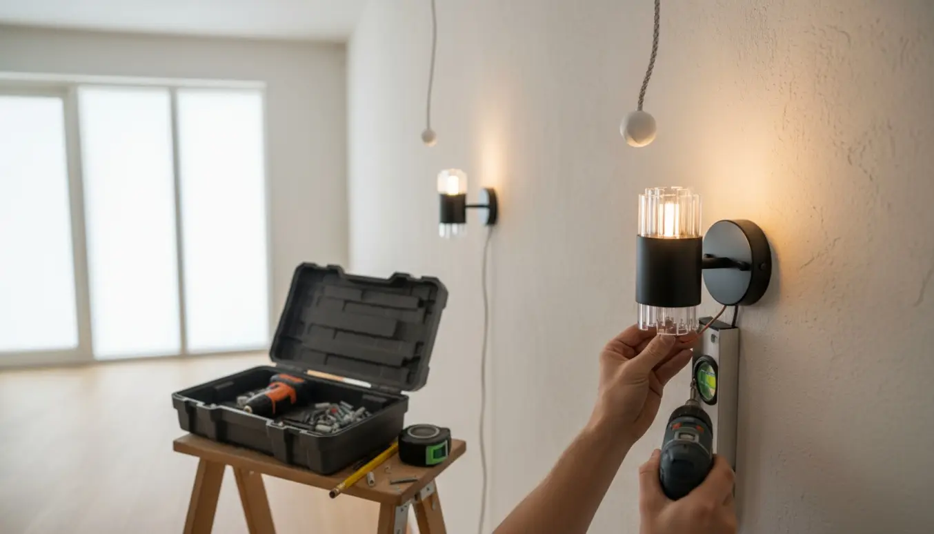 Hænder monterer to væglamper og loftophæng i en lys, moderne stue med værktøj og måleværktøj.