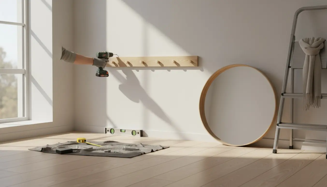 Nærbillede af montering af en 1 m knagerække med rundt spejl i en lys skandinavisk entre.