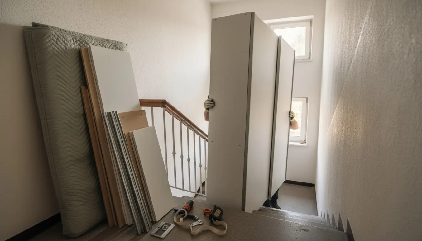 To personer bærer to skabe med skydedøre ned ad en trappe, mens udtagne dørpaneler og flytteudstyr står på reposen.