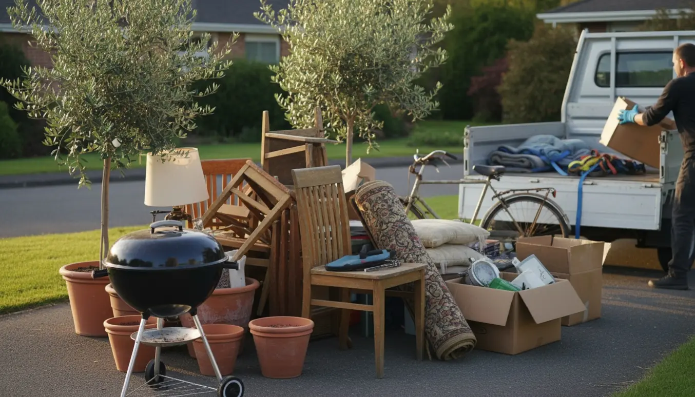 Bunke storskrald på indkørsel med en sort kuglegrill, terracottakrukker og oliventræer klar til afhentning.
