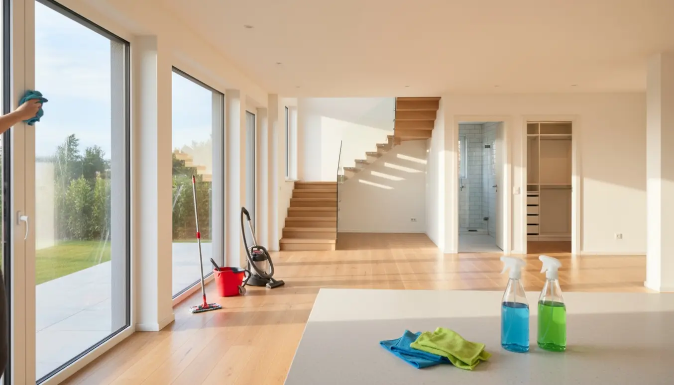 Flytterengøring i et lyst rækkehus med glinsende gulve, rengøringsudstyr og rene vinduer.