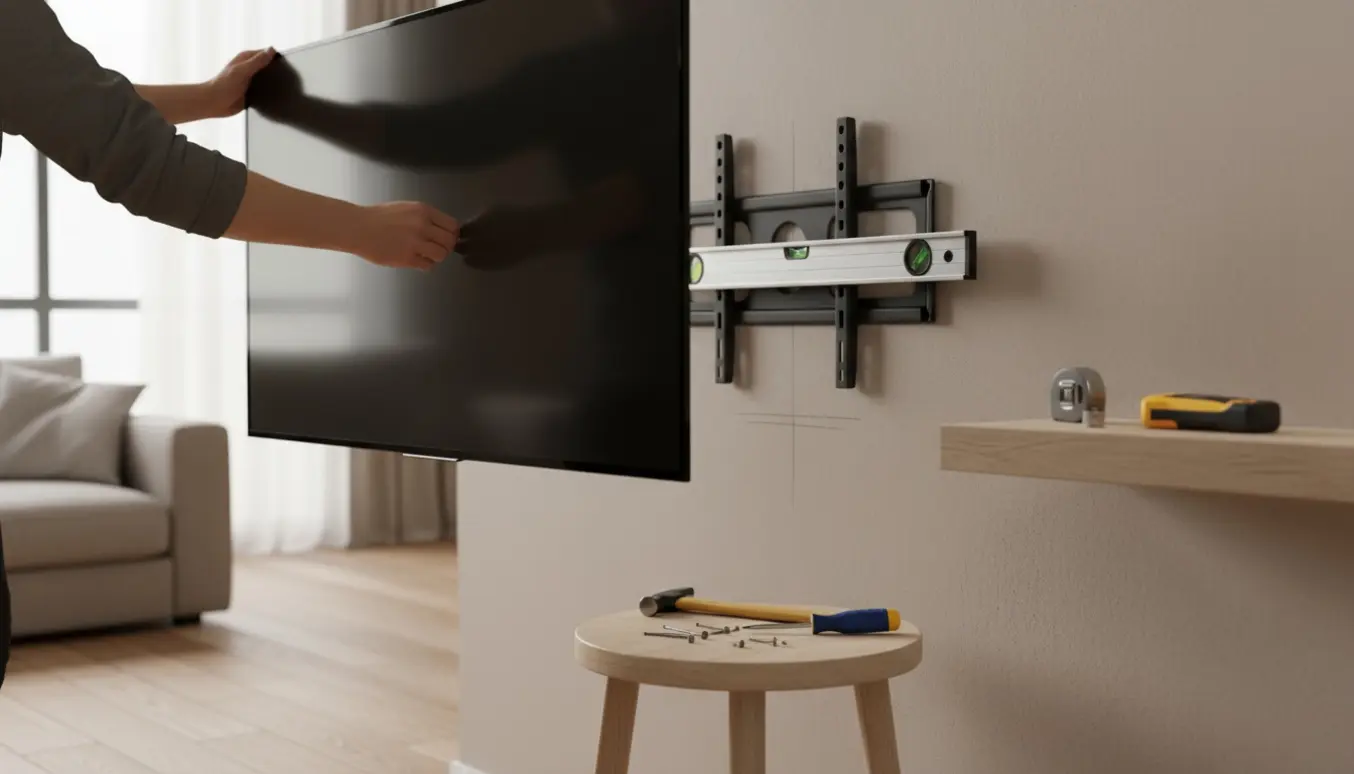 Hænder monterer en fladskærm på væg med vaterpas og håndværktøj uden boremaskine.