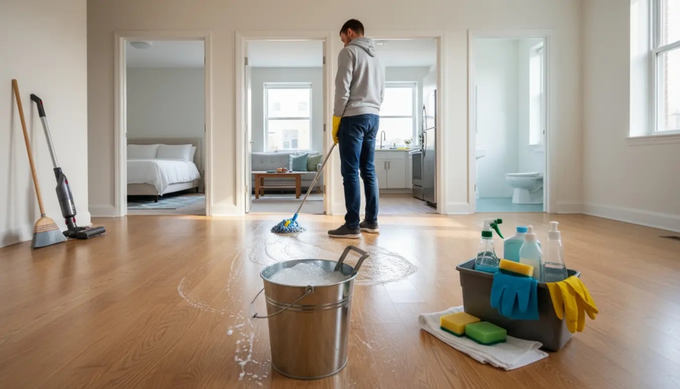 En person mopper gulvet i en lys lejlighed med rengøringsudstyr og åbne døre til soveværelse, stue, køkken og badeværelse.