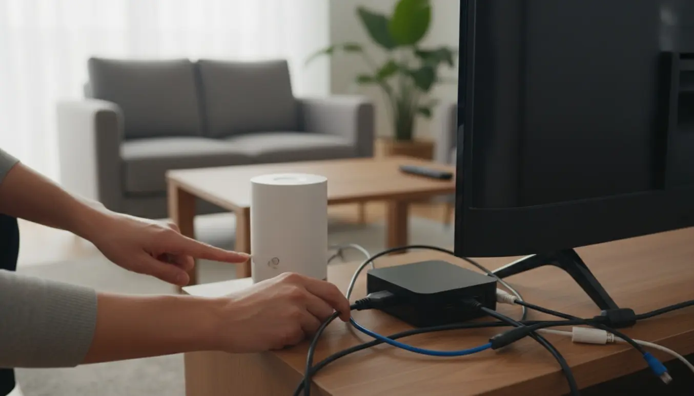 Hænder genstarter en tv-boks og router i en moderne stue.