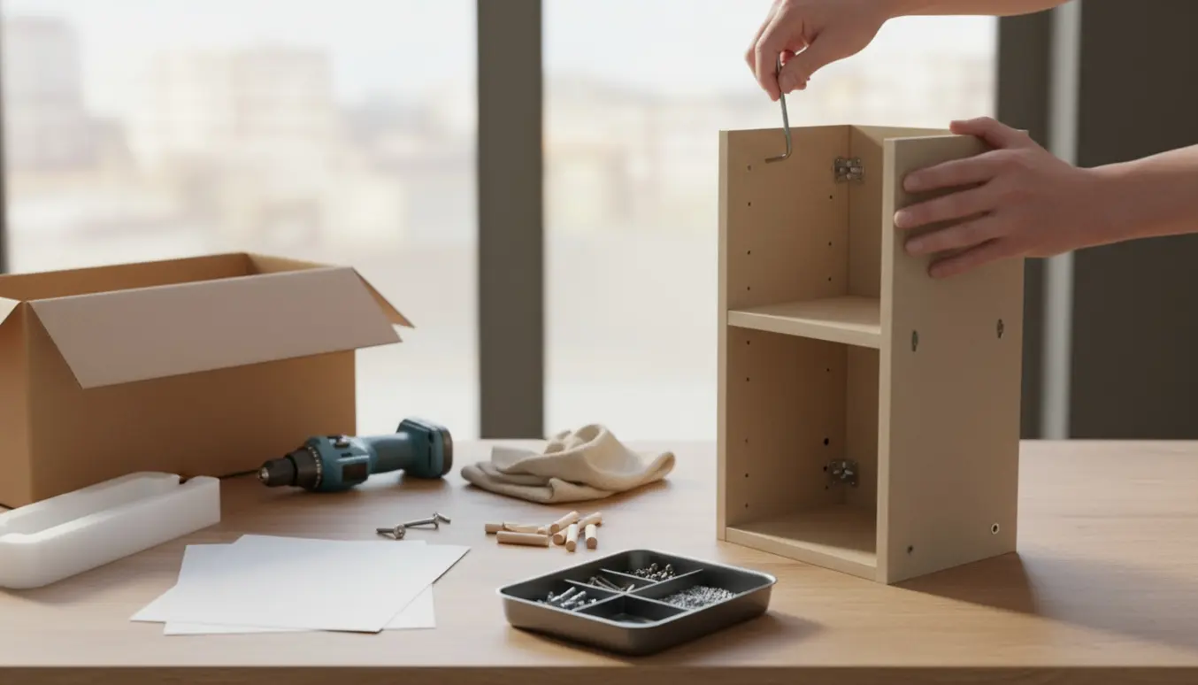 Delvist samlet lille skab på et ryddeligt arbejdsbord med værktøj og hænder, klar til at blive færdiggjort.