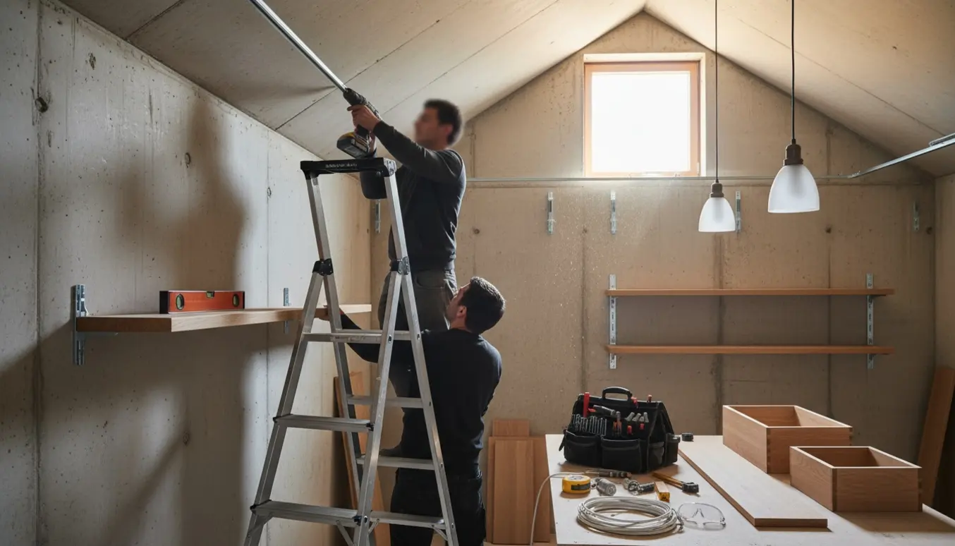 Håndværkere på stige monterer lamper og træhylder på betonvæg med værktøj i forgrunden.