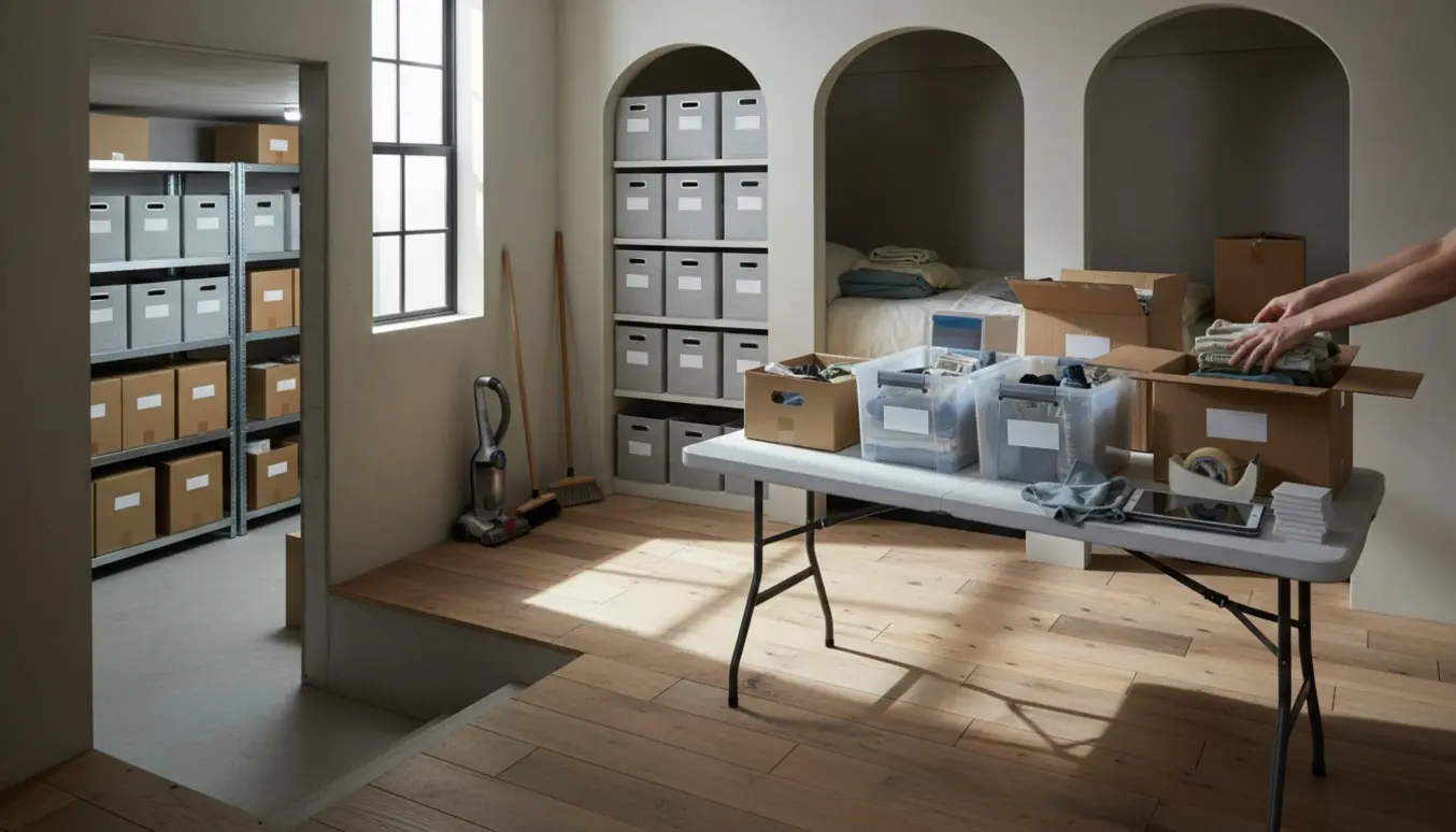 Hænder organiserer kasser og plastbokse i en lille lejlighed med åben trappe til ryddet kælderrum.