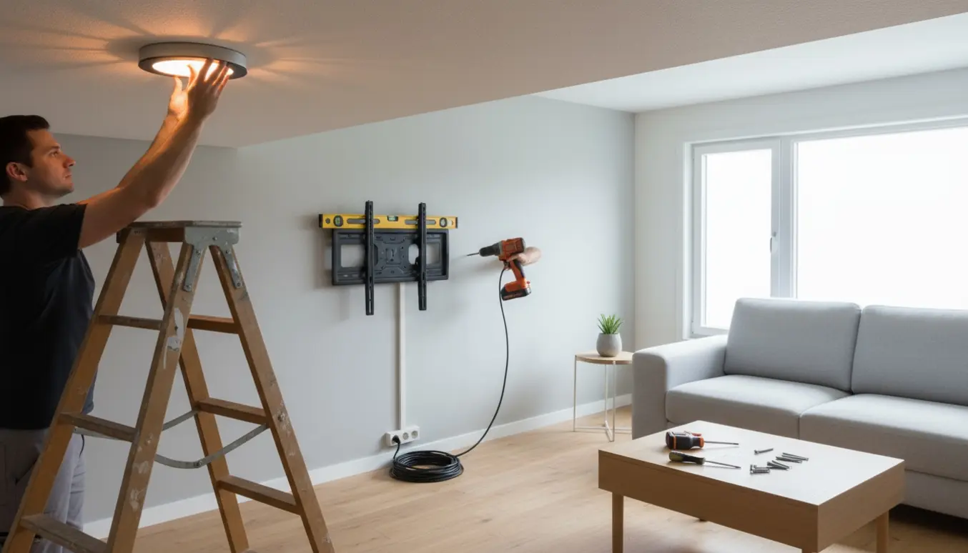 Hænder monterer en loftslampe og et mellemstort fladskærms-tv på væggen i en lys, moderne stue.