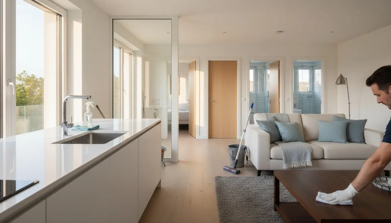 Åben, nyvasket bolig med køkken og stue i naturligt lys og synligt rengøringsudstyr.