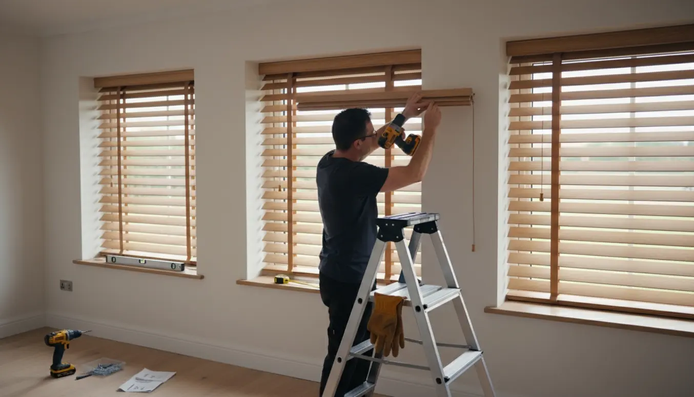 Hænder monterer træpersienner i nye vinduer med boremaskine og stige.