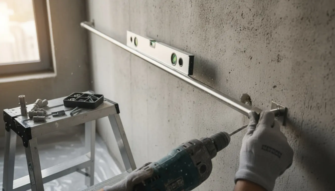 Hænder monterer en lang gardinstang på en betonvæg med borehammer, vaterpas og monteringsmaterialer.