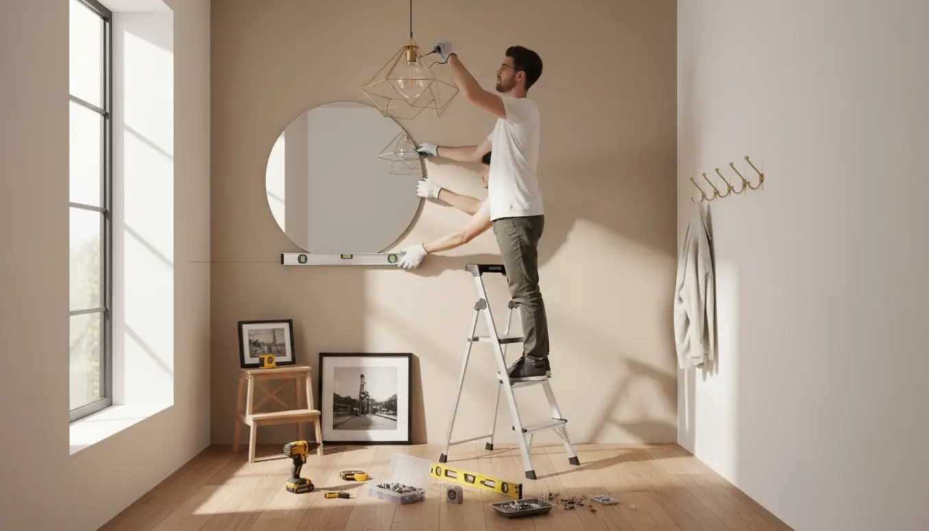 Hænder monterer en loftlampe og hænger billeder, spejl og tøjophæng op i en lys gang.