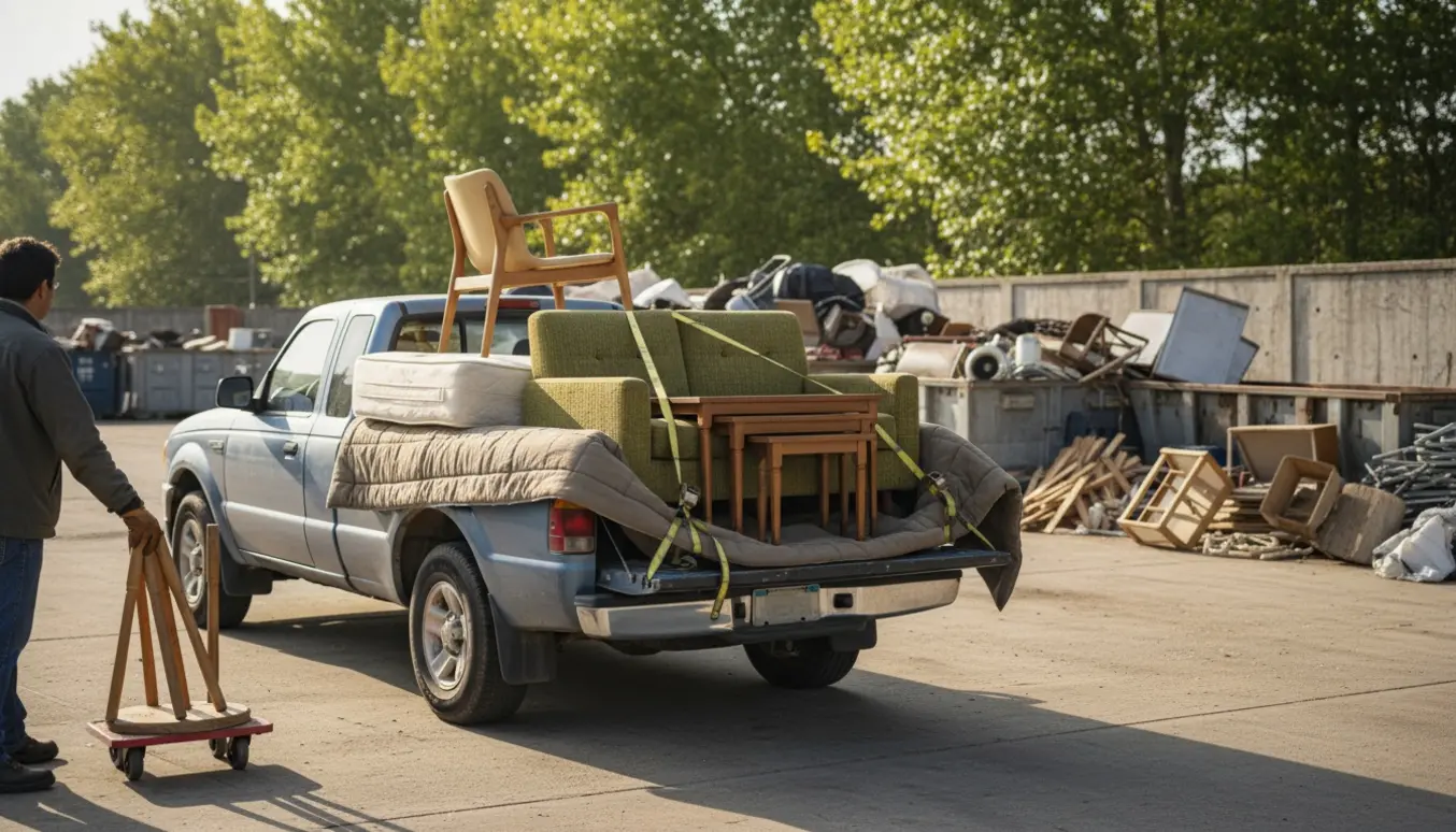En pickup lastet med brugte møbler ved genbrugsmodtagelsen, en arbejders hænder sikrer møblerne med remme.