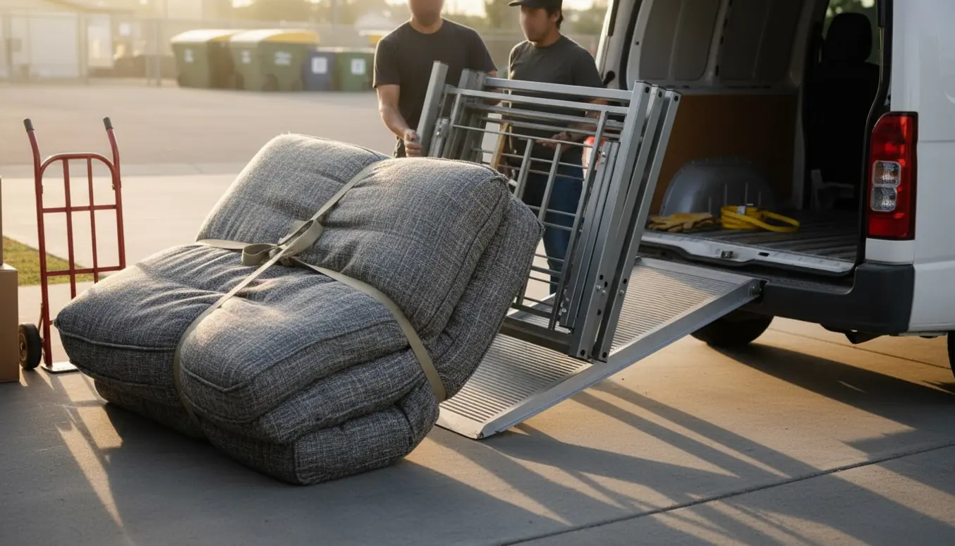 To personer læsser en tung sovefuton – madras og metalstel – ind i en varevogn på en villadriveway ved morgenlys.