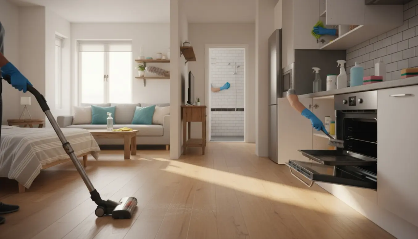 Åben lejlighed hvor rengøring udføres med støvsugning i gangen, støvning i stuen, rengøring af køkkenskabe og afkalkning af badeværelset.