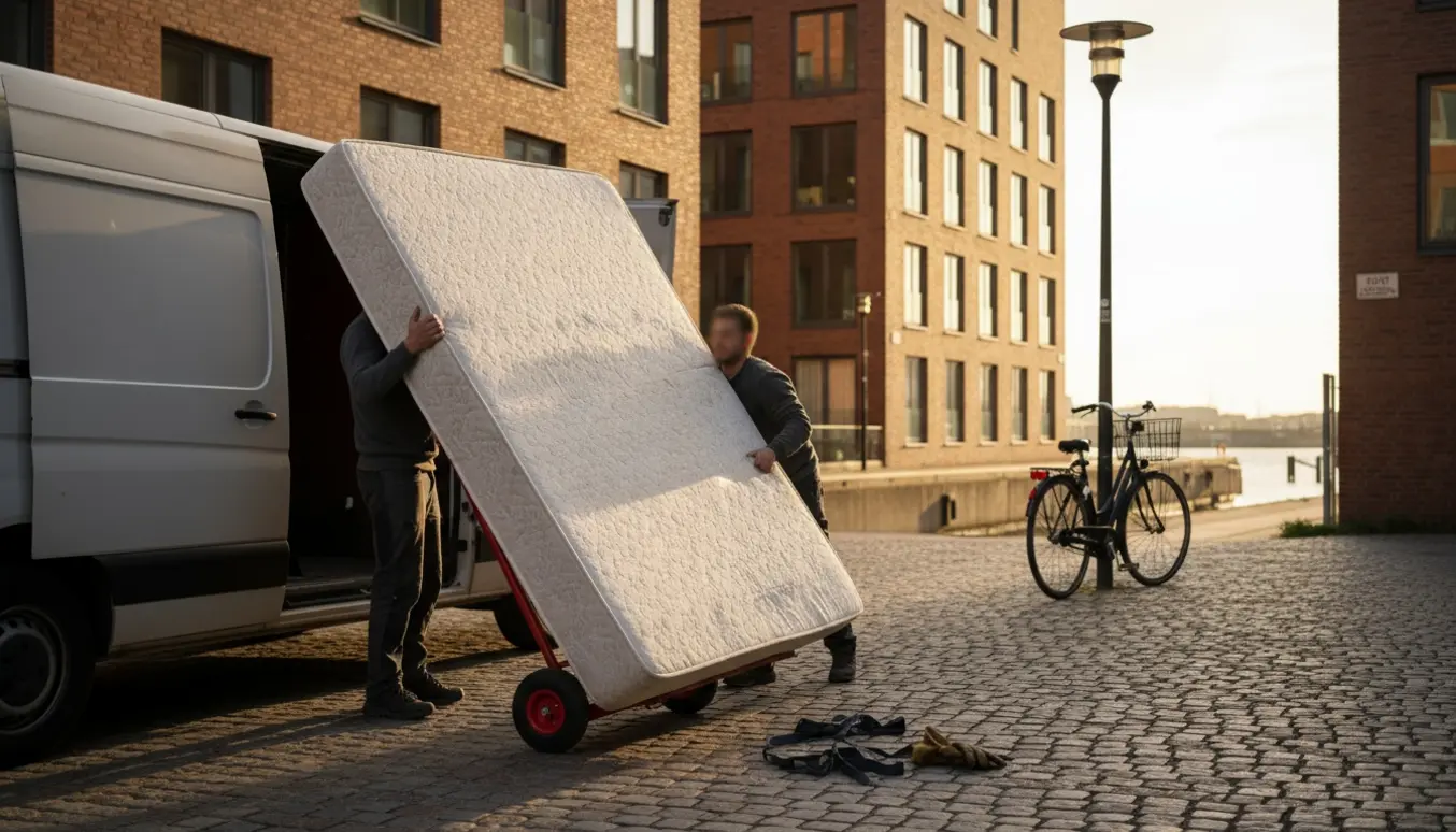 Stor madras læsses i en varevogn ved Islands Brygge, to hjælpere uden synlige ansigter.