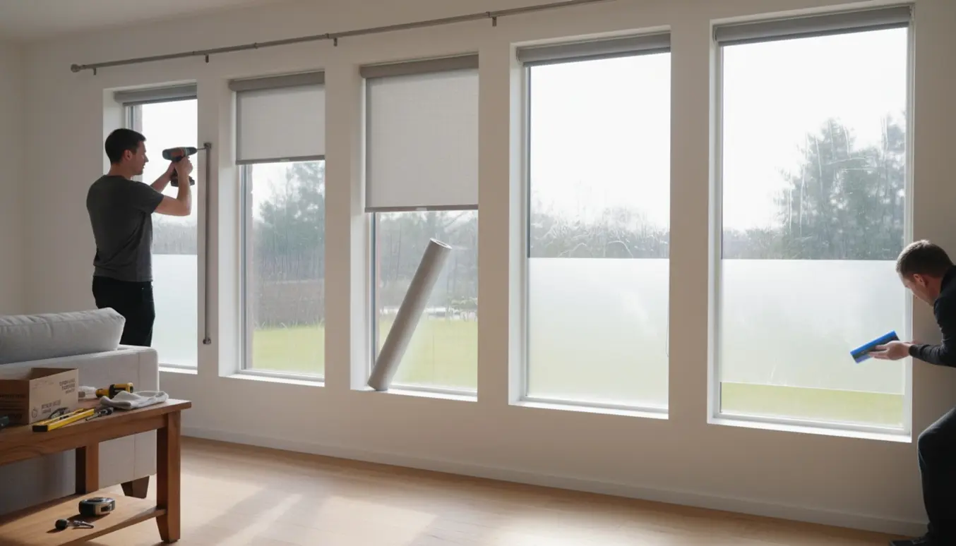 Håndværker monterer gardinstang, to persienner og påfører matteret vinduesfolie på bunden af en række af fem lyse vinduer.