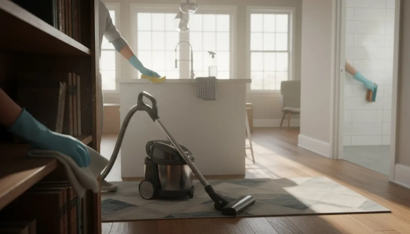 Hjemmerengøring med handsker: støvsuger på tæppe, aftørring af køkkenbord og skrubning af badeværelsesfliser.