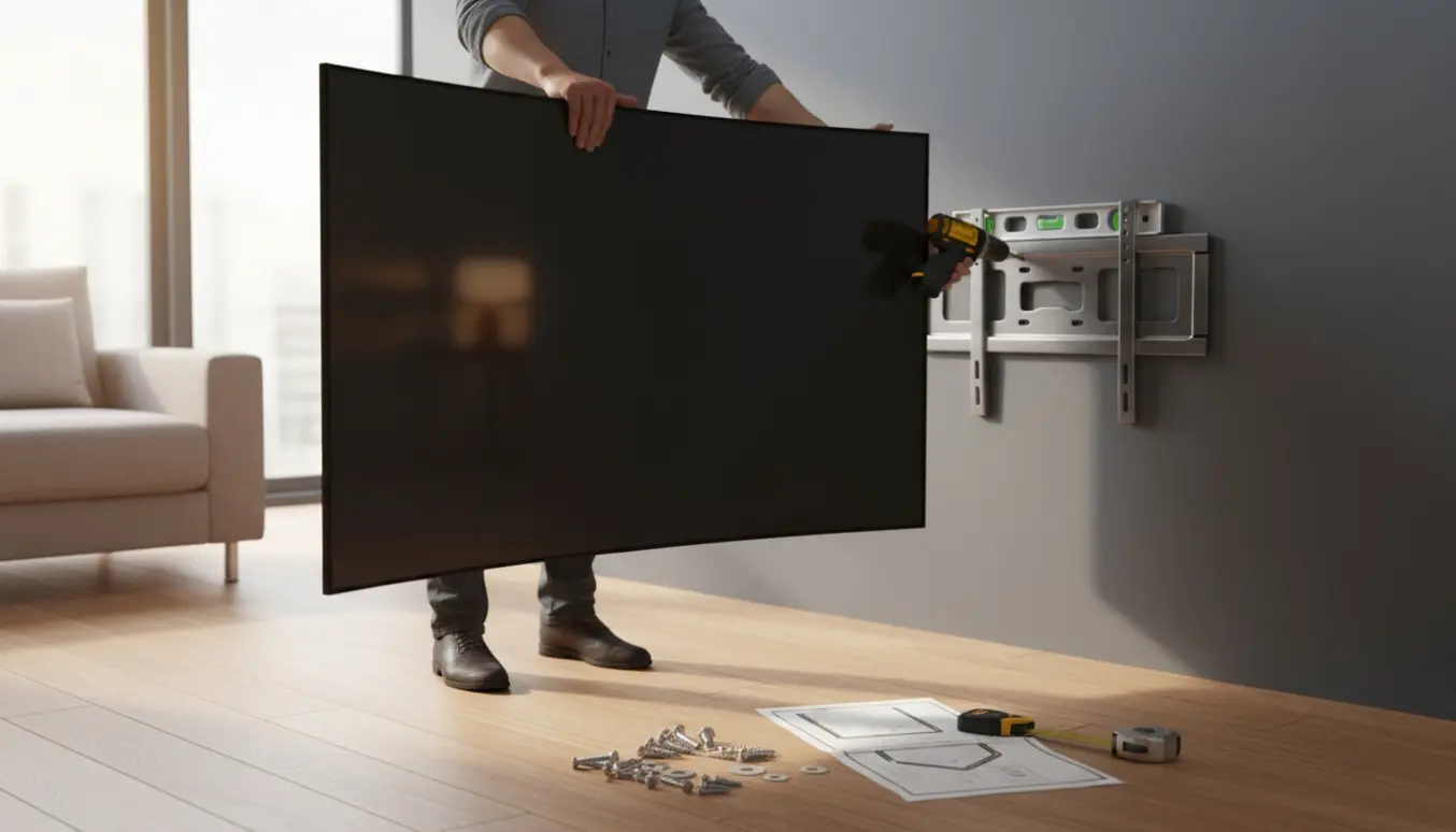 Hænder monterer en stor kurvet fladskærm på en stabil væg i en lys, ryddelig stue.
