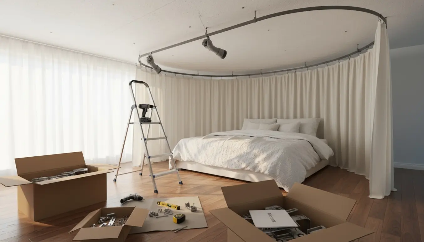 Nærbillede af montering af gardinstang i loftet rundt om en seng med værktøj og hænder i arbejde.