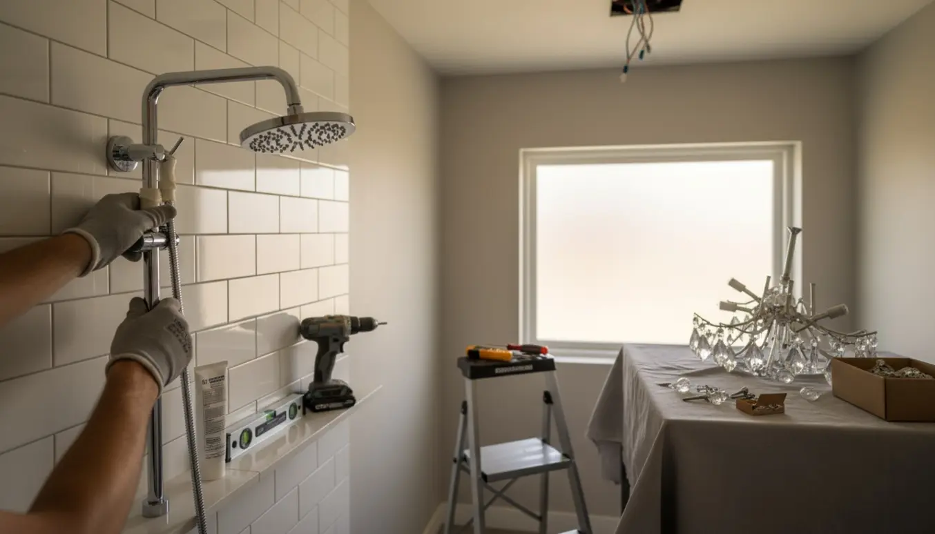 Badeværelse under renovering med montering af chrome-bruser og nedtaget lysekrone og loftlampe lagt på et dækken.